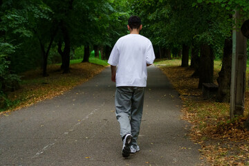 Fototapeta premium Young man walks along a serene park path surrounded by trees during autumn afternoon