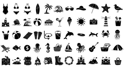 Fototapeta premium Beach Vacation Doodle Icon Set with Swimsuit, Surfboard, Palm Tree, Sunglasses, Umbrella and Starfish Cartoon Sketch 