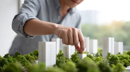 Architect adjusting scale model of green city