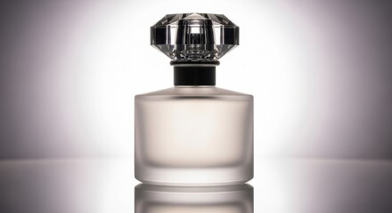 Elegant Perfume Bottle Design Frosted Glass with Crystal Cap, Studio Lighting, Mirrored Base