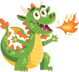 Cute green cartoon dragon, breathing fire, fantasy creature vector, baby dragon illustration, mythical animal art, colorful wings, smiling fire-breather