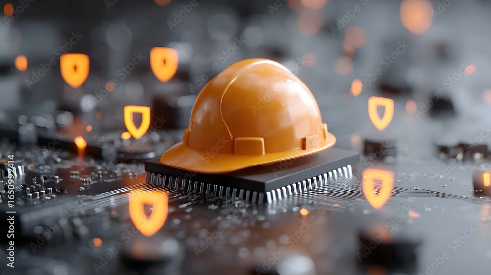 Poster futuristic hardhat on a high tech circuit board