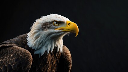 Fototapeta premium Close-up of an eagle's head with a dark background. Sharp eyes, yellow beak, and detailed feathers.