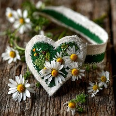 Obraz premium Embroidered heart with daisies and green ribbon on rustic wooden surface with natural light