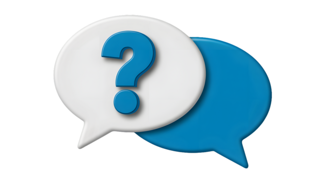 Two speech bubbles one white with a blue question mark and one solid blue on a white background