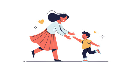 A mother happily embraces her son as he runs towards her with outstretched arms