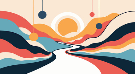 Vibrant abstract landscape with flowing river and floating orbs under a setting sun