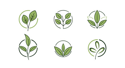Elegant circular green leaf logos representing nature and growth