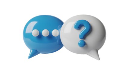 Blue speech bubble with three dots and white speech bubble with question mark illustration
