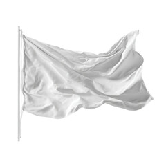 White Flag of Surrender: A pristine white flag flutters gracefully in the wind against a blank backdrop, its folds and textures revealing a soft fabric and symbolizing a call for peace and truce.