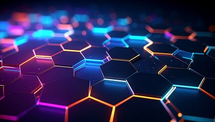 Obraz premium Glowing hexagonal network pattern on dark background with blue, orange, and purple lines.