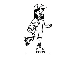 Girl Rollerblading: A line-drawn illustration of a smiling girl gracefully gliding on roller skates, radiating youthful energy and the thrill of outdoor fun.