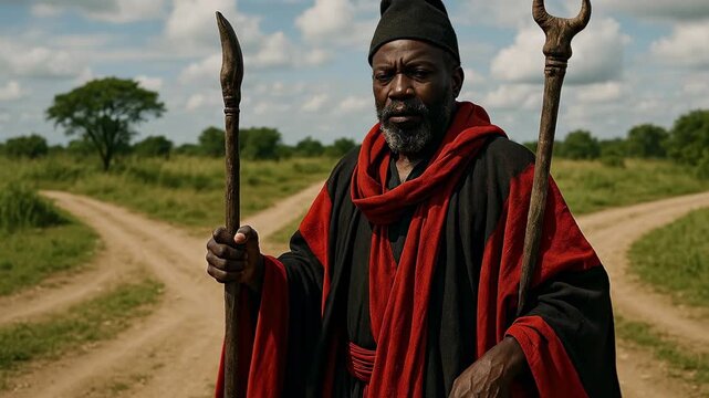 Eshu Yoruba Trickster God Wearing Vibrant Red and Black Robes Symbolizing Chaos, Communication, and Divine Pathways