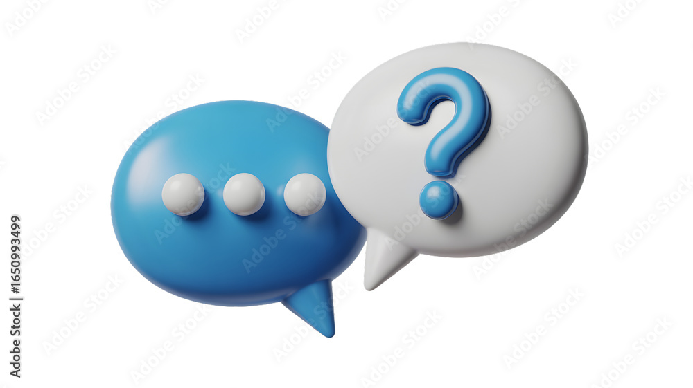 Poster a blue speech bubble with dots and a white speech bubble with a question mark on white background