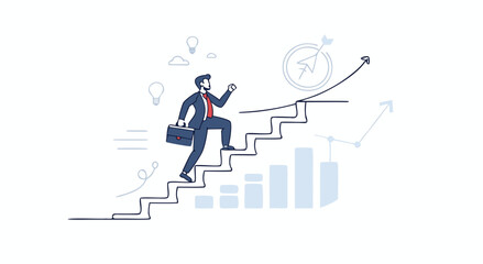 Successful businessman climbs stairs toward growth and achievement with innovative ideas illuminating the path forward