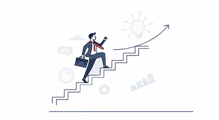 Successful businessman climbs stairs toward growth and achievement with innovative ideas illuminating the path forward