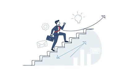 Fototapeta premium Successful businessman climbs stairs toward growth and achievement with innovative ideas illuminating the path forward