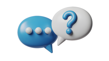 A blue speech bubble with dots and a white speech bubble with a question mark on white background