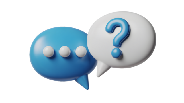A blue speech bubble with dots and a white speech bubble with a question mark on white background