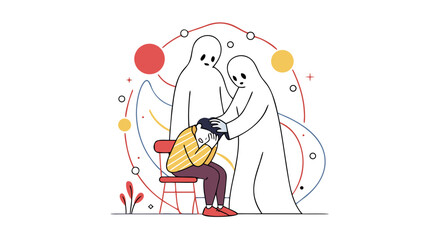 Mental health support concept with person experiencing anxiety and ghosts offering comfort