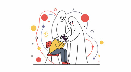 Mental health support concept with person experiencing anxiety and ghosts offering comfort