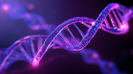Abstract DNA helix structure glowing in blue and purple tones on a dark scientific background.