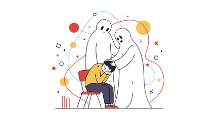 Mental health support concept with person experiencing anxiety and ghosts offering comfort