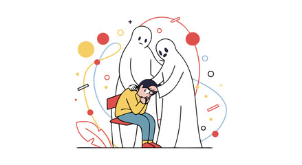 Mental health support concept with person experiencing anxiety and ghosts offering comfort