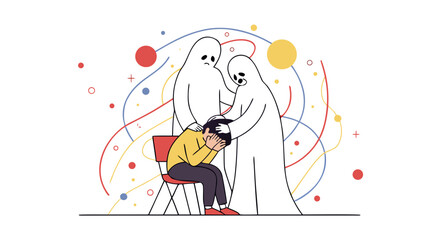 Mental health support concept with person experiencing anxiety and ghosts offering comfort