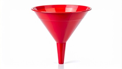 Plastic funnel with wide yellow top and narrow red spout on white background.
