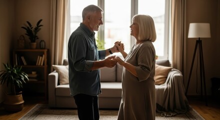 Elderly couple dances joyfully in a warm, sunlit living room, sharing a tender moment.