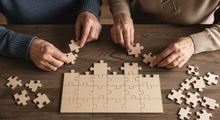 Senior Couple Collaboratively Solving a Wooden Puzzle Together - Focus on Teamwork and Connection