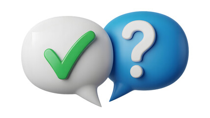 White speech bubble with green checkmark and blue speech bubble with question mark illustration