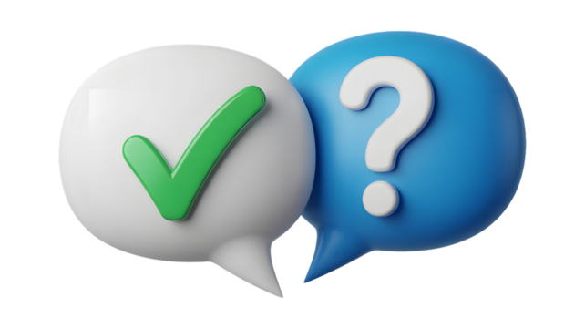White speech bubble with green checkmark and blue speech bubble with question mark illustration