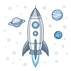 Cartoon rocket ship traveling through space with planets and stars isolated on transparent background