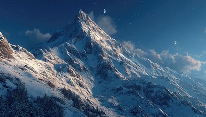 Snowy mountain peak at twilight