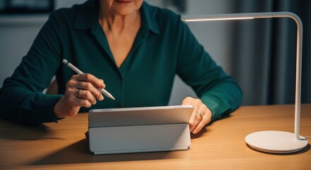 Senior Woman Engaging with Tablet and Stylus at Desk Under Soft Light Tech Usage Concept