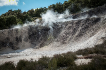 Colorful mineral deposits in the geothermal field of Le Biancane, Tuscany