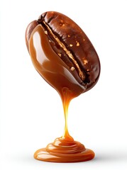 Obraz premium Caramel-drizzled coffee bean. A single coffee bean, dark brown, is coated in a rich caramel sauce that drips downward