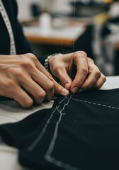 Close up on tailor hands sewing a dark fabric with white thread, showing precision and craftsmanship in the creation of clothing.