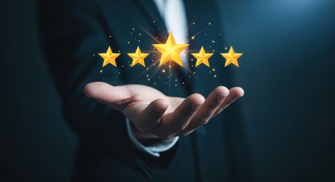 Hand holding five golden stars, representing excellent customer service and high satisfaction