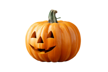 Smiling carved pumpkin with happy face and green stem