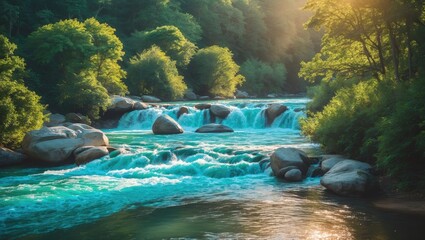 A serene river flowing over rocks in a lush green forest during sunlight.
