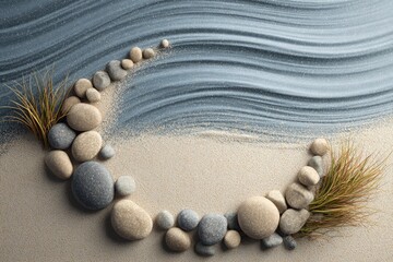 Pebbles arranged in a circle on sand with flowing lines