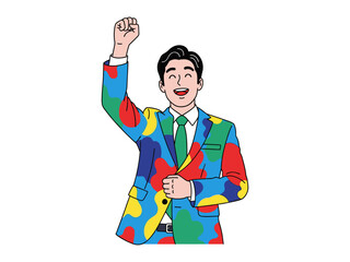 Vibrant Celebration: A stylishly dressed individual radiates confidence and elation, showcasing a dynamic vector-style illustration of accomplishment. 