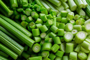 Chopped green celery stalks in assorted rings and sticks, fresh and dewy
