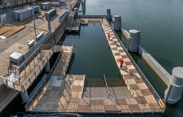 Paris, France - 08 15 2025: Panoramic view of empty Summer swimming in the Seine at Bercy quay