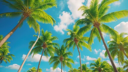 Obraz premium Tropical palm trees under a bright blue sky with white clouds.