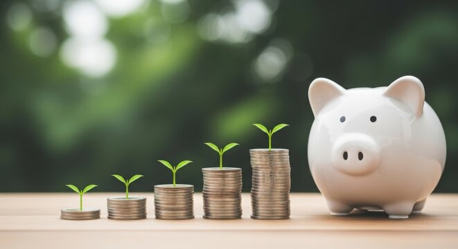 Piggy bank with growing money stacks symbolizing financial growth and investment