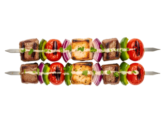 Vibrant vegetable kebab skewers arranged symmetrically on a reflective black surface